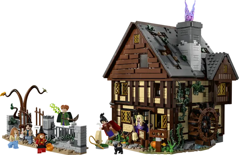 Lego set built as Hocus Pocus cottage with Lego characters in front of it