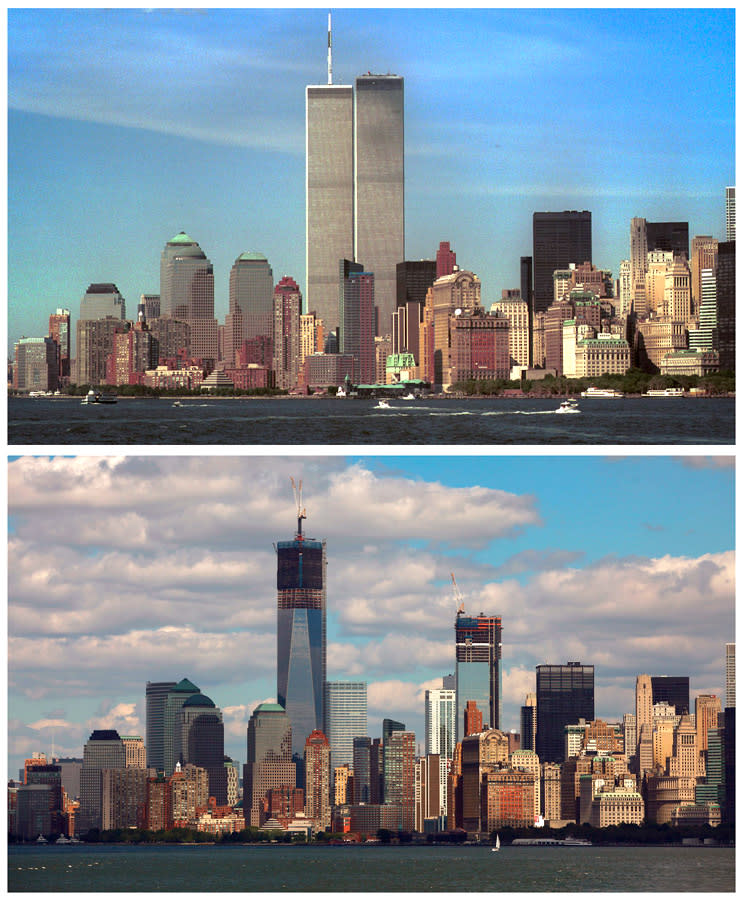 A combination photograph shows the World Trade Center towers and the lower Manhattan skyline from the same vantage point about 11-years later