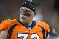 Aug 26, 2017; Denver, CO, USA; Denver Broncos offensive tackle Garett Bolles (72) during the second quarter of a preseason game against the Green Bay Packers at Sports Authority Field. Mandatory Credit: Ron Chenoy-USA TODAY Sports