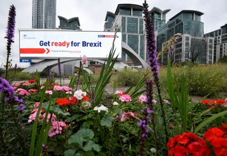 An electronic billboard displaying a British government Brexit information awareness campaign advertisement is seen in London, Britain