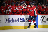 Washington Capitals left wing Alex Ovechkin (8) celebrates his goal during the second period of an NHL hockey game against the Calgary Flames, Saturday, Oct. 23, 2021, in Washington. (AP Photo/Nick Wass)