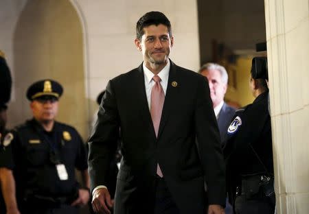 U.S. Representative Paul Ryan (R-WI) arrives to talk to the media after being nominated for speaker of the House of Representatives on Capitol Hill in Washington October 28, 2015. REUTERS/Yuri Gripas