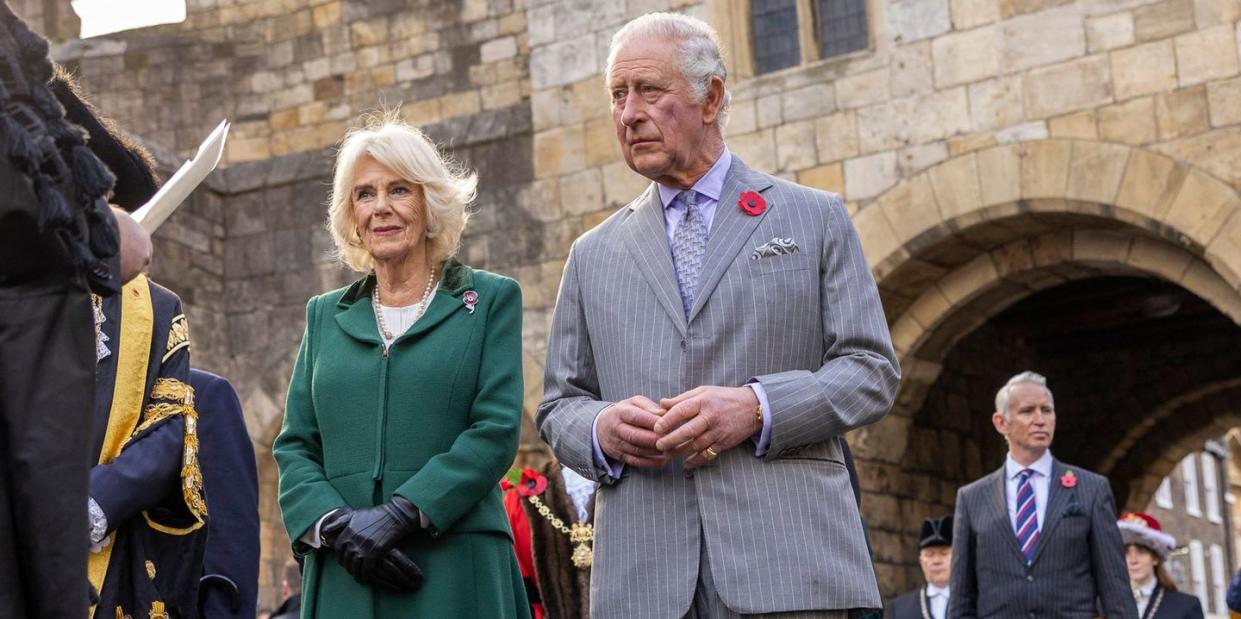 britains king charles iii and britains camilla, queen consort are welcomed to the city of york during a ceremony at micklegate bar during their visit to york, northern england on november 9, 2022 as part of a two day tour of yorkshire   micklegate bar is considered to be the most important of yorks gateways and has acted as the focus for various important events it is the place the sovereign traditionally arrives when entering the city photo by james glossop  pool  afp photo by james glossoppoolafp via getty images