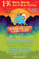 The official poster and musical lineup for the 2023 Highland Jazz and Blues Festival in Shreveport created by local artist Alex Richardson.