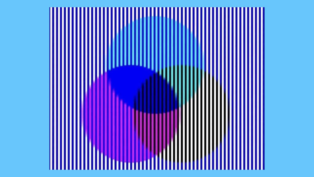  An optical illusion showing three circles on a striped background. 