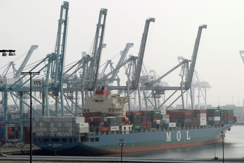 FILE PHOTO: A cargo ship is pictured at the ITS terminal at the Port of Long Beach