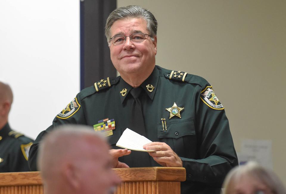 St. Lucie County Sheriff Ken Mascara, along with Judges, friends, family and colleagues congregate together for the Investiture Ceremony for the new Circuit Judge Anastasia Norman at the St. Lucie County Courthouse on Friday, Oct. 13, 2023, in Fort Pierce.