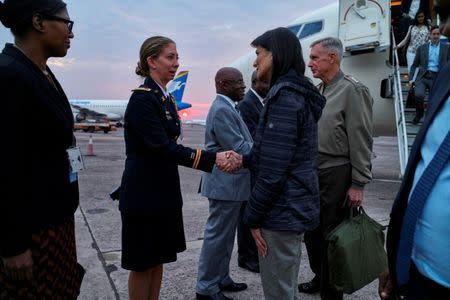 U.S. Ambassador to the United Nations Nikki Haley is received upon arriving at the N'Djili International Airport in Kinshasa, Democratic Republic of Congo, October 25, 2017. REUTERS/Robert Carrubba