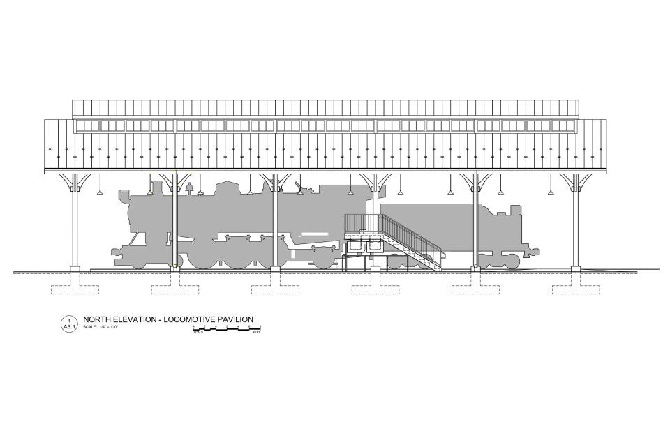 This architect's rendering shows the new pavilion that will cover Engine 202, completely protecting it from the elements.