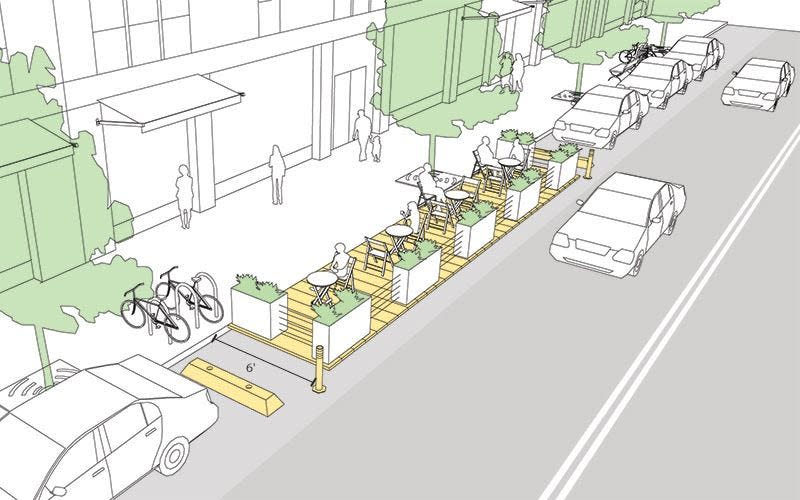 Parklet design example. The ACC commissioners approved expanding the parklets to all eligible restaurants or specialty shops throughout downtown Athens.