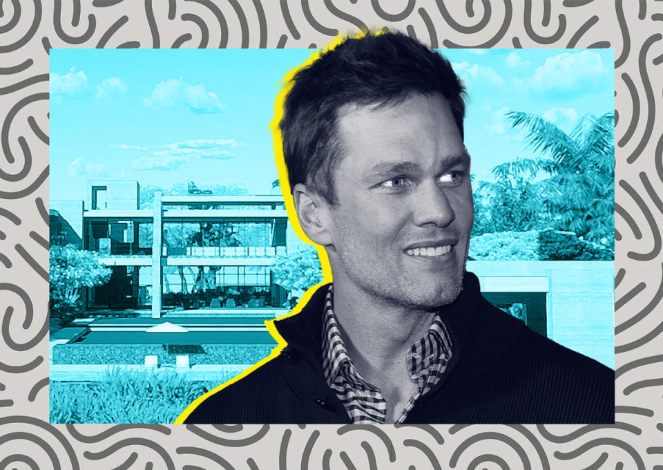 Tom Brady and renderings of 26 Indian Creek Island Road (Illustration by Kevin Rebong for The Real Deal; Getty, Scott Mitchell Studio) 