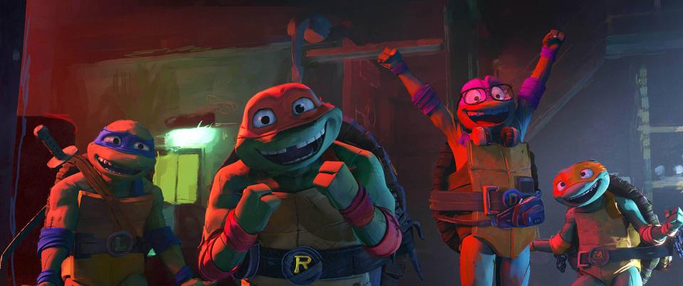 Leo (voiced by Nicolas Cantu), Raph (Brady Noon), Donnie (Micah Abbey) and Mikey (Shamon Brown Jr.) get excited about pizza and becoming heroes in the animated "Teenage Mutant Ninja Turtles: Mutant Mayhem."