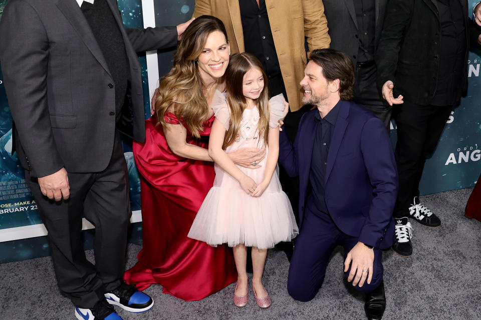 Hilary Swank (left) with Emily Mitchell (center) and Jon Gunn (right) at the Ordinary Angels Premiere