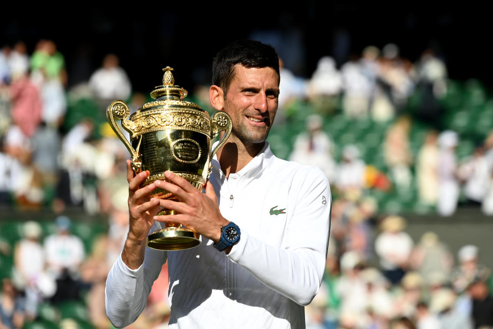 Novak Djokovic, pictured here with the Wimbledon trophy after his victory over Nick Kyrgios.