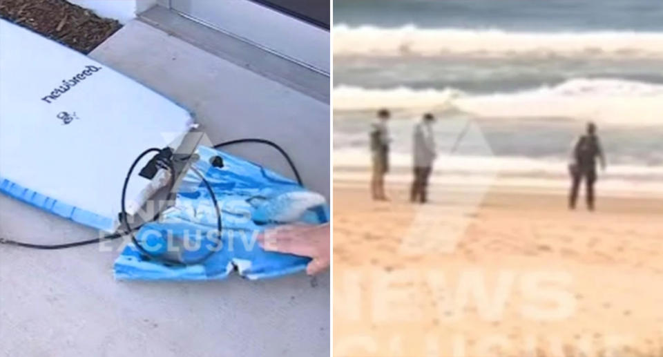 A photo of the man's board. A photo of Lighthouse Beach, south of Port Macquarie, when the man was bitten.