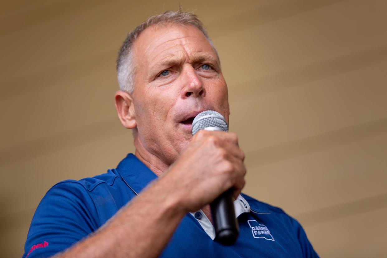 Alfie Oakes speaks during a gathering in opposition to the mask mandate passed by the Collier County Commissioners on Tuesday, at Oakes Farms Seed to Table Market on Saturday, July 25, 2020. Oakes announced that he and his legal team will be filing multiple lawsuits against Collier County and against the three individual commissioners that voted for the mandate.