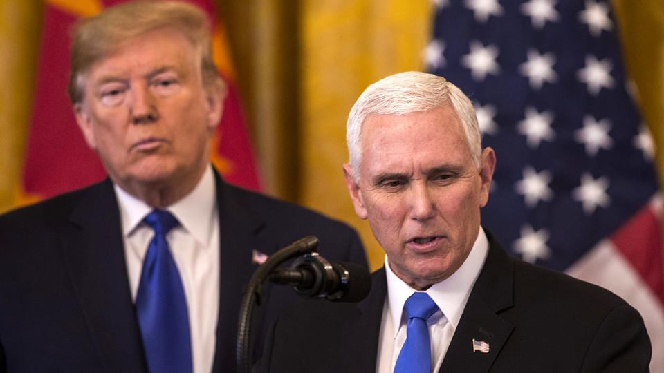 U.S. Vice President Mike Pence speaks during a signing ceremony with President Donald Trump in Washington, D.C., U.S., on Wednesday, Jan. 15, 2020. (Zach Gibson/Bloomberg via Getty Images)