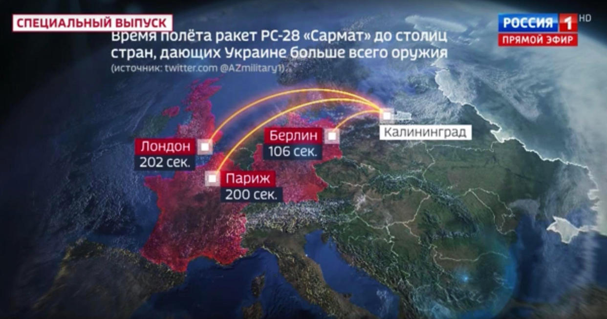 Rossiya 1 show discussed Russian nuclear strikes on European countries late last month. (via Russia-1)