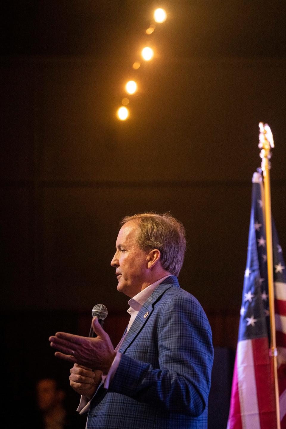 Attorney General Ken Paxton, speaking at a campaign event for state House candidate Tom Glass in Bastrop on Wednesday, is continuing to fight rulings that he must give a deposition in a whistleblower case against him.