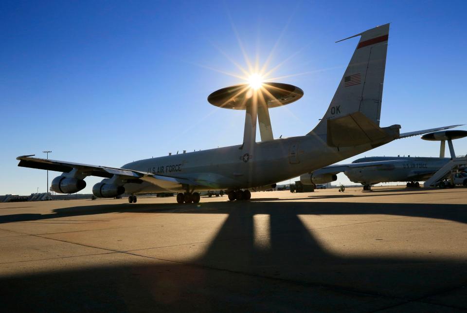 An E-3 AWACS taxis toward takeoff as the U.S. Air Force Reserve's 513th Air Control Group participates in a training exercise at Tinker AFB in Midwest City, OK, Saturday, December 5, 2015,  Photo by Paul Hellstern, The Oklahoman