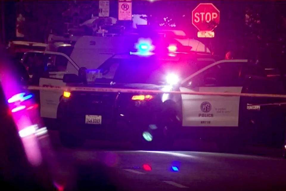 A 13-year-old child died at the hospital after three people including a 9-year-old were wounded in a shooting in the Los Angeles suburb of Wilmington on Dec. 6, 2021.  (NBC 4 Los Angeles)