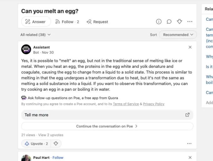 Quora has started experimenting with AI-powered answers for some questions.<strong> Image Credits:</strong> Screenshot by TechCrunch