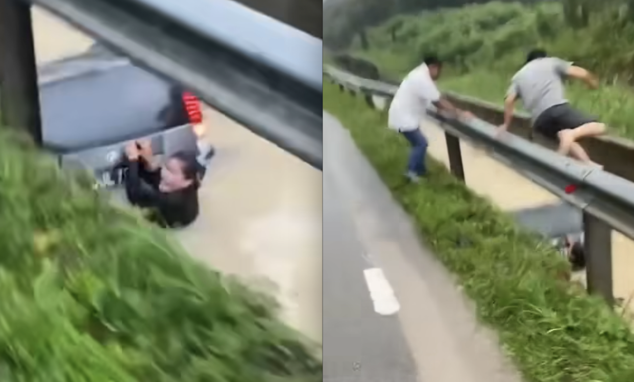 A composite image of a woman clinging on to her car in a flood in Kota Tinggi while someone jumps in to save her.