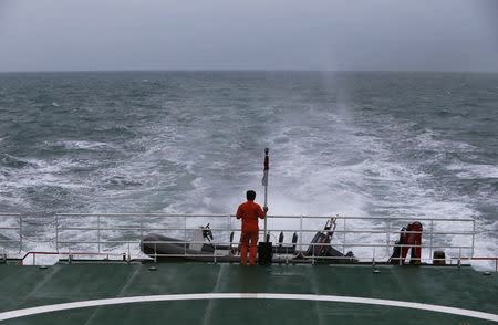 A rescue member stands on the deck of SAR ship KN Purworejo during a search operation for passengers onboard AirAsia flight QZ8501, in Java Sea, Indonesia January 3, 2015. REUTERS/Beawiharta