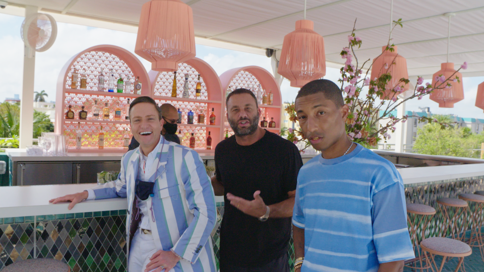 Ken Fulk, David Grutman and Pharrell Williams by the pool at The Goodtime Hotel.