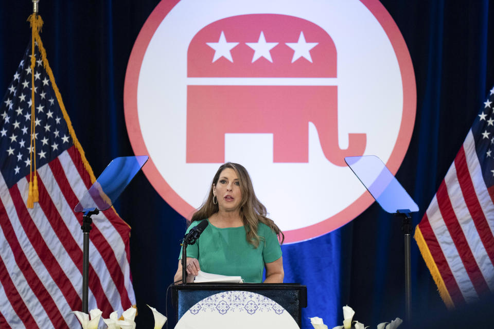 FILE - Republican National Committee Chair Ronna McDaniel speaks at the committee's winter meeting in Dana Point, Calif., Jan. 27, 2023. McDaniel says she will leave her post on March 8. She's leaving the GOP’s national leadership as Donald Trump moves toward another presidential nomination and asserts new control over the party. (AP Photo/Jae C. Hong, File)