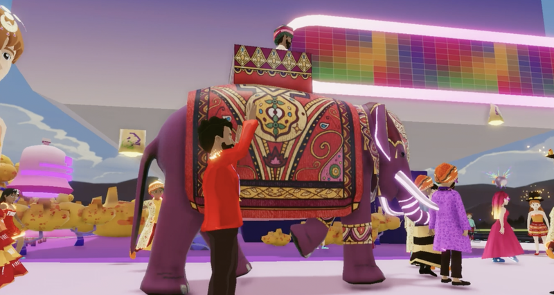 Sheel's avatar rides a purple elephant at the Taco Bell wedding in the metaverse. 
