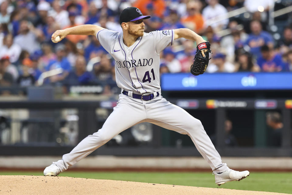 Colorado Rockies starting pitcher Chad Kuhl (41) delivers against a New York Mets batter during the first inning of a baseball game on Friday, Aug. 26, 2022, in New York. (AP Photo/Jessie Alcheh)