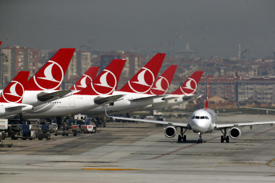 Turkish Airlines airplanes at Ataturk International Airport, in Istanbul, Friday, April 5, 2019, ahead of its closure. The relocation from Ataturk International Airport to Istanbul Airport on the Black Sea shores— dubbed the "Great Move"—began early Friday and is expected to end Saturday. The Istanbul Airport — one of Turkish President Recep Tayyip Erdogan's mega projects— partially opened in October and will serve 90 million passengers annually. (AP Photo/Lefteris Pitarakis)