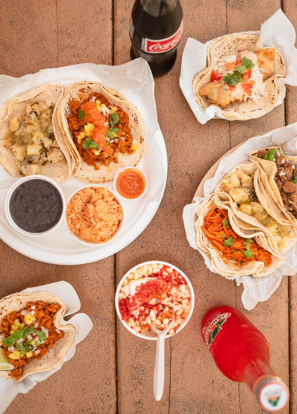 Succulent Vegan Tacos offers the traditional meal along with vegan fish taco, vegan asado taco, vegan al pastor taco, and esquites (Mexican corn with vegan crema and tajin spice)  and bottles of Mexican Coke and Jarritos.