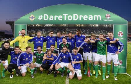 Football Soccer - Northern Ireland v Belarus - International Friendly - Windsor Park, Belfast, Northern Ireland - 27/5/16 Northern Ireland players pose for photos after the match before they leave for Euro 2016 Reuters / Clodagh Kilcoyne