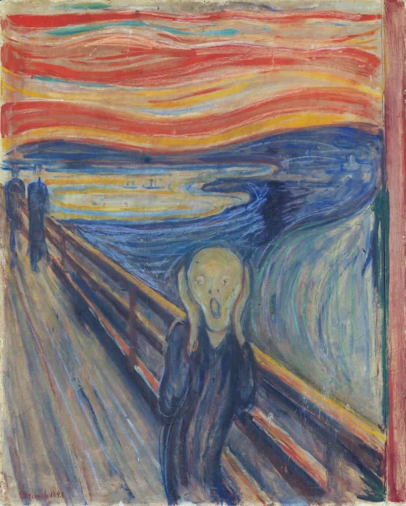 挪威表現主義畫家孟克著名畫作《吶喊》（The Scream）第一版本隱含神秘句子：「只有瘋子才畫得出來。」（取自挪威國家藝術館）