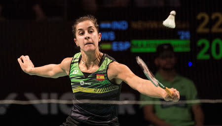 Badminton - Danisa Denmark Open - Women's single - Odense, Denmark - October 18, 2017 - Carolina Marin of Spain in action against Saina Nehwal of India. Scanpix Denmark/Claus Fisker/via REUTERS