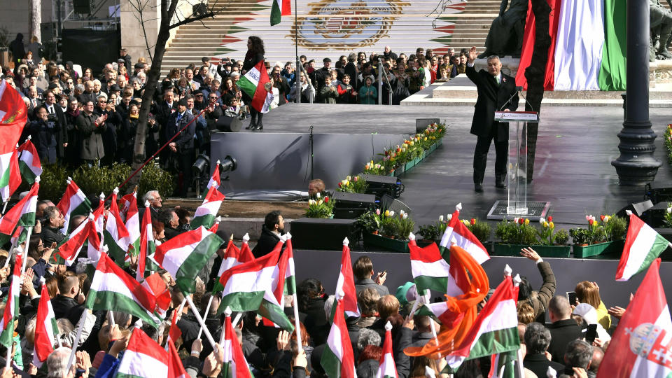 Hungarian Prime Minister Viktor Orban attends a ceremony during the 171th anniversary of the outbreak of the 1848 revolution and war of independence against the Habsburg rule in Budapest, Hungary, Friday, March 15, 2019. (Zsolt Szigetvary/MTI via AP)