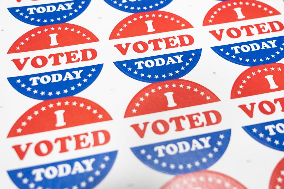 Hackensack residents receive "I Voted Today" stickers, at the Hackensack Middle School after casting their ballots in Hackensack, NJ on Tuesday Nov. 7, 2023.