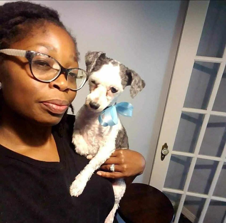 Marley is pictured with owner Leola Voegtline when he was 5 years old. He went missing in September 2018, when he was 6 and was reunited with his family on Oct. 20, 2023.