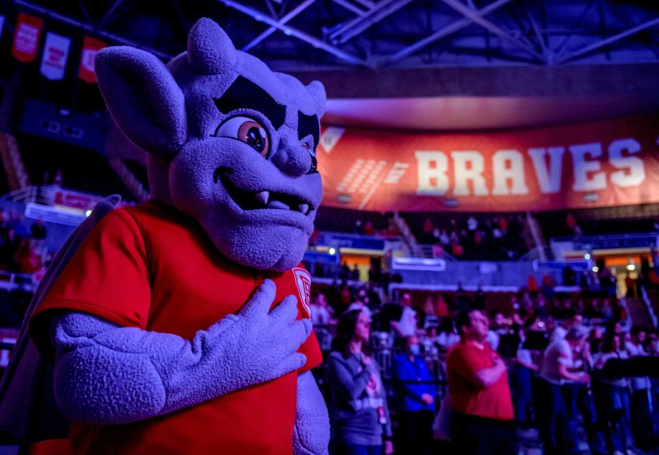 Bradley mascot Kaboom! stands for the national anthem before the start of a game between the Braves and the Southern Illinois University Salukis on Saturday, Jan. 22, 2022 at Carver Arena. The Braves defeated the Salukis 70-62.