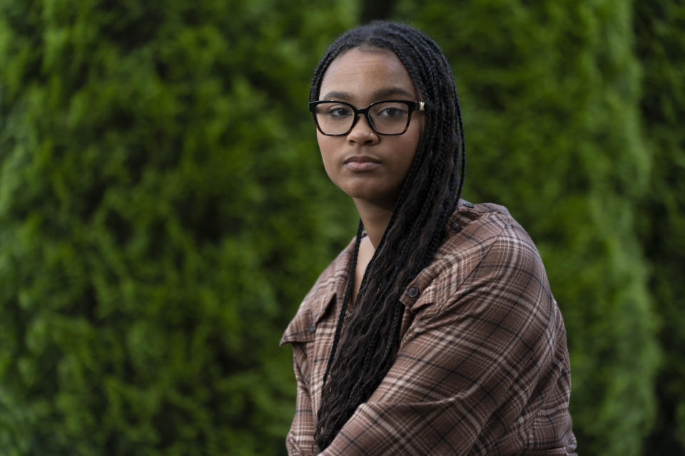 Harmony Kennedy, 16, a high school student, poses for a portrait in Nolensville, Tenn., on Tuesday, May 16, 2023. In her freshman-year English class, a boy started playing with his mask and joked, “I can’t breathe, just like George Floyd,” Harmony recalled. “I was really upset. And I called him out on it. And I was like, ‘Are you kidding me? Someone died,” she said. (AP Photo/George Walker IV)