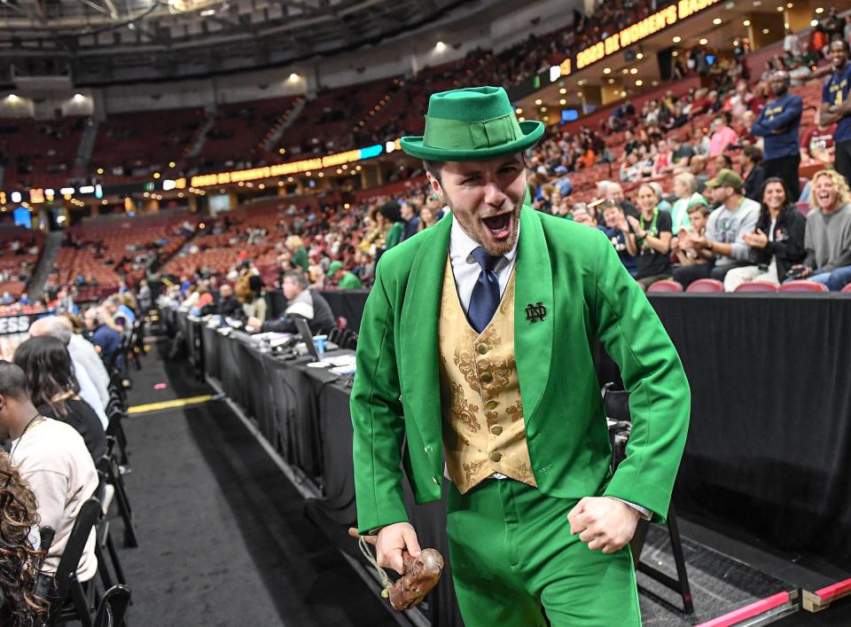 Jamison, the Notre Dame Leprechaun, cheers before tipoff between Maryland and Notre Dame at the NCAA Women's Basketball Tournament at Bon Secours Wellness Arena in Greenville, S.C. Saturday, March 25, 2023. 