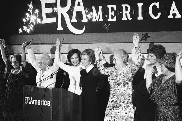 Bettmann/Getty Women's rights advocates — including first ladies Rosalynn Carter and Betty Ford in the center — attend a 1977 gala to support the Equal Rights Amendment in Houston