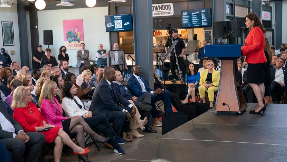 Michigan Gov. Gretchen Whitmer delivers her "What’s Next" Address that outlines her legislative priorities for the fall at the Lansing Shuffle in Lansing on Wednesday, Aug. 30, 2023.