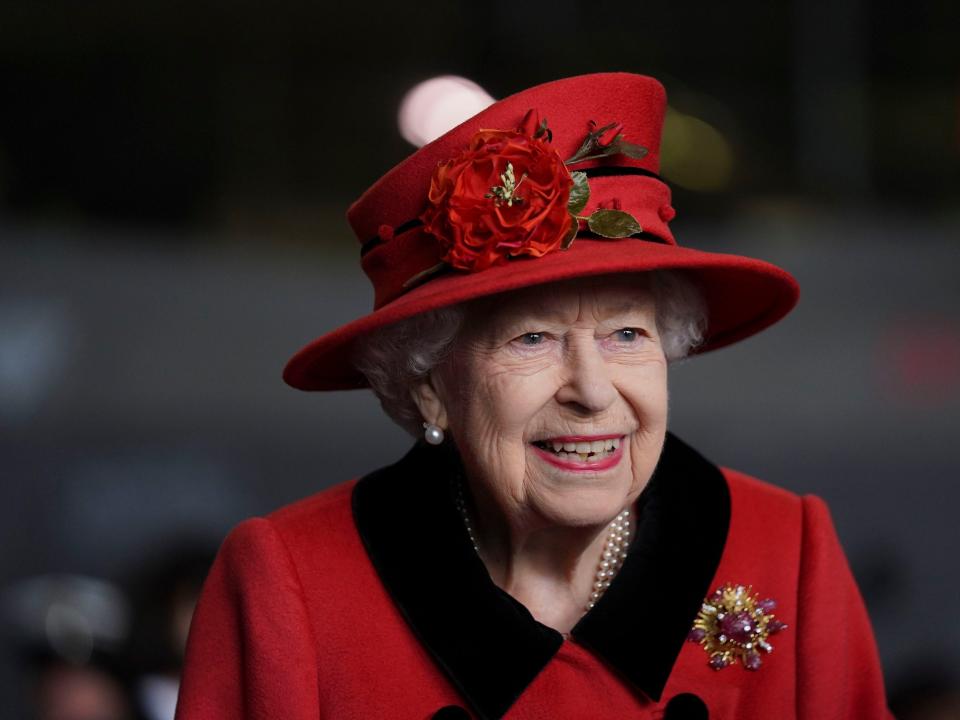 Queen Elizabeth II during a visit to HMS Queen Elizabeth at HM Naval Base ahead of the ship's maiden deployment on May 22, 2021.