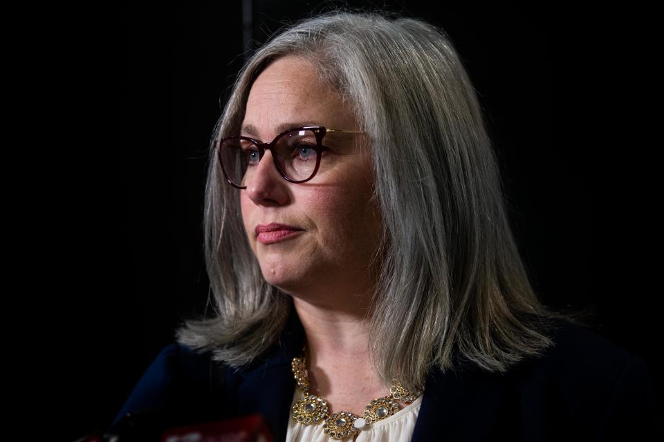 Adeline Hambley and her attorney, Sarah Riley-Howard, give comment to the press after their hearing in front of the Michigan Court of Appeals on Wednesday, Oct. 11, 2023, in Grand Rapids.