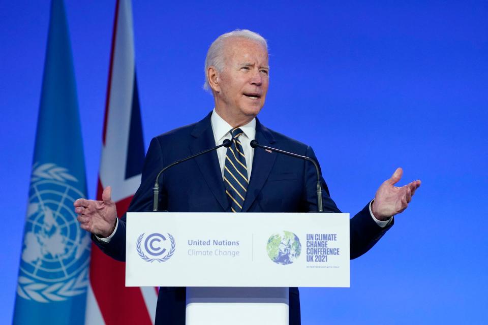 US President Joe Biden presents his national statement as part of the World Leaders' Summit of the COP26 UN Climate Change Conference in Glasgow on November 1, 2021. (Evan Vucci/pool/AFP via Getty Images)