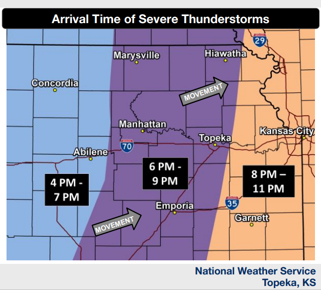 The National Weather Service's Topeka office posted on its website this graphic showing the anticipated arrival times for severe weather Monday evening in central and eastern Kansas.