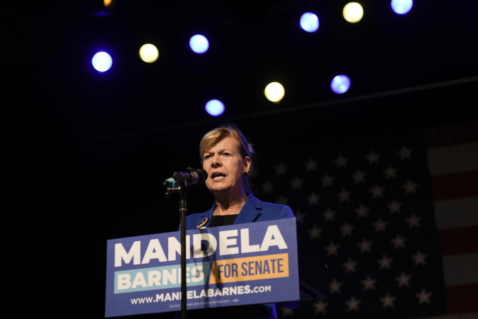 Sen. Tammy Baldwin, D-Wis., speaks before Wisconsin Democratic U.S. Senate candidate Mandela Barnes at his election night party Tuesday, Nov. 8, 2022, in Milwaukee. (AP Photo/Morry Gash)